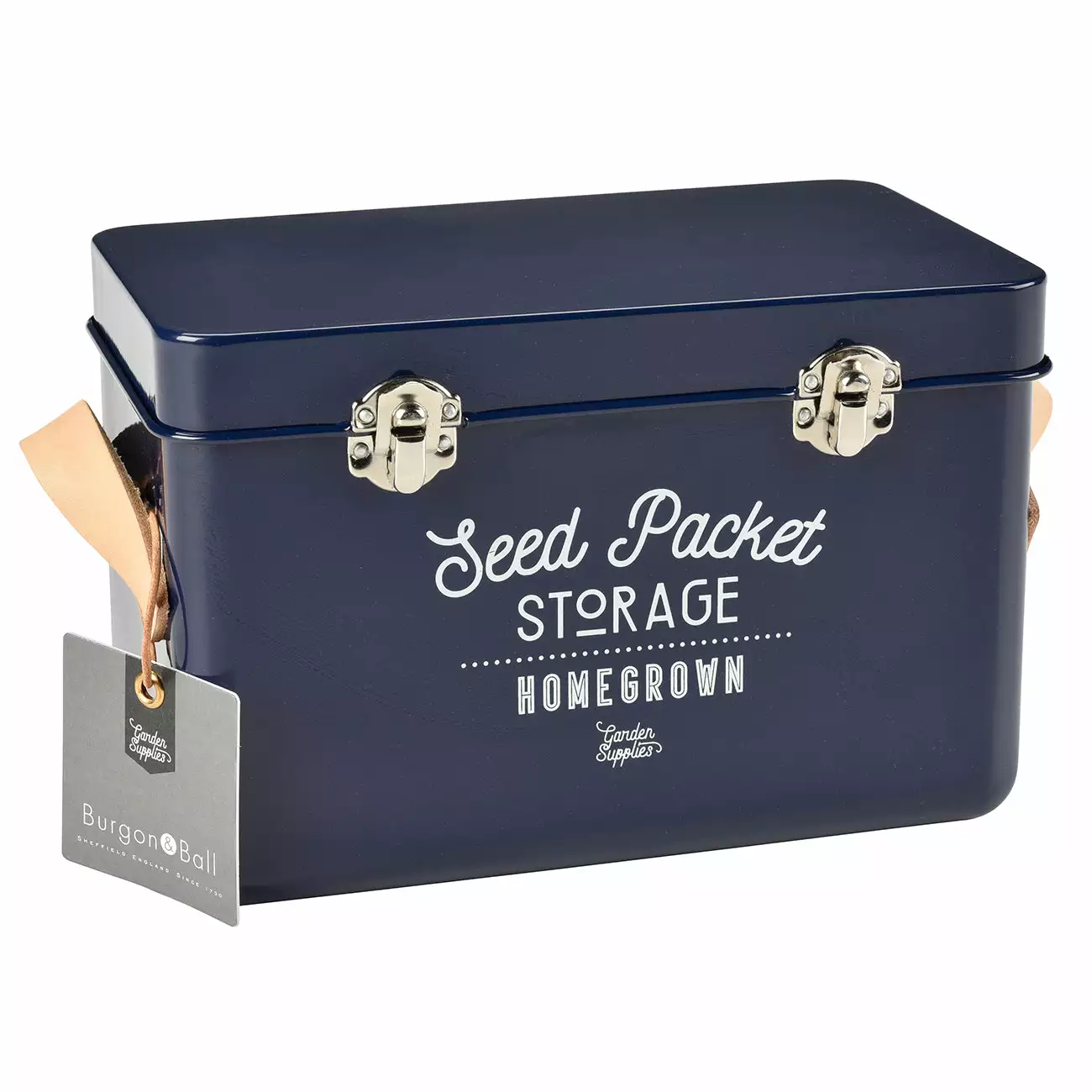 Burgon & Ball Leather Handled Seed Packet Storage Tin - Atlantic Blue